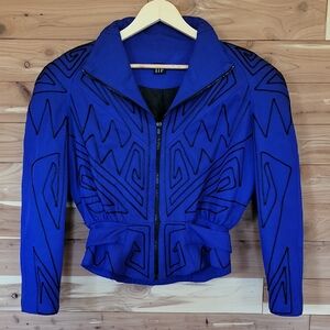 Vintage IIF Jacket, Size L, Blue with Black Geometric Design, 80s, Shoulder Pads
